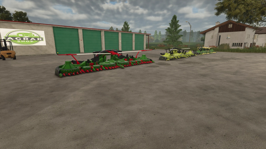Farming Simulator 25 mods: row of Claas Orbis 900 harvesters parked outside a farm building in FS25.