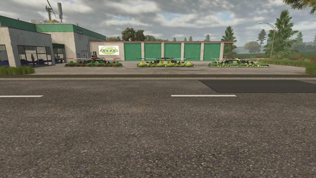 FS25 mod showing multiple Claas Orbis 900 harvesting headers in front of a farm building with a 'Agrar Shop' sign, part of Farming Simulator 25 mods.