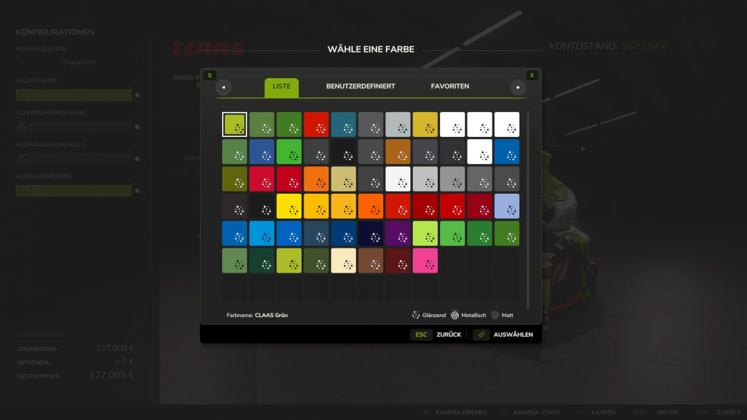 Farming Simulator 25 mod screen showing color options for Claas Orbis 900, a farming equipment mod, featuring a variety of color choices including green.