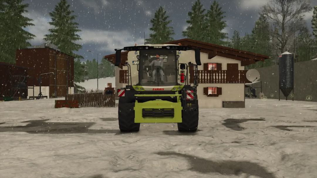 Farming Simulator 25 mod image featuring a Claas Trion 720-750 Pack v1.2.0.2 with a tractor in front of a farmhouse in snowy weather.