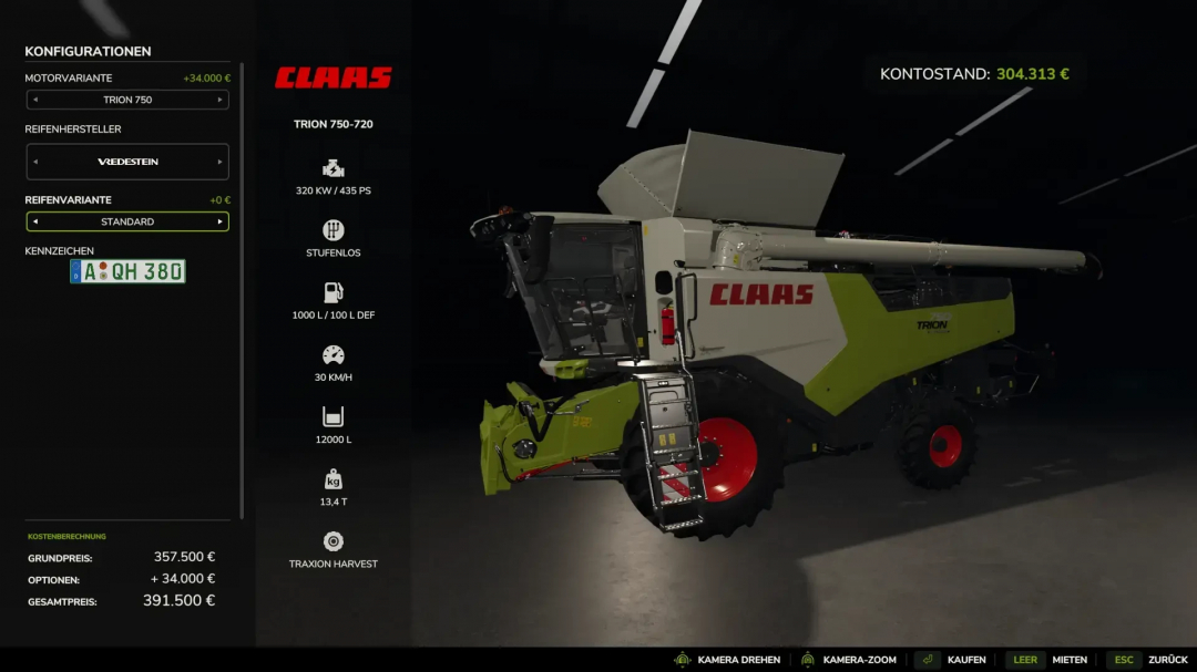 Farming Simulator 25 mod: Claas Trion 720-750 in the configuration menu, showing engine, tires, and license plate details.
