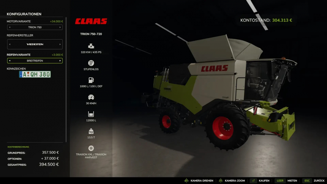Farming Simulator 25 mod image showing the Claas Trion 750-720 harvester with configuration details and in-game stats.