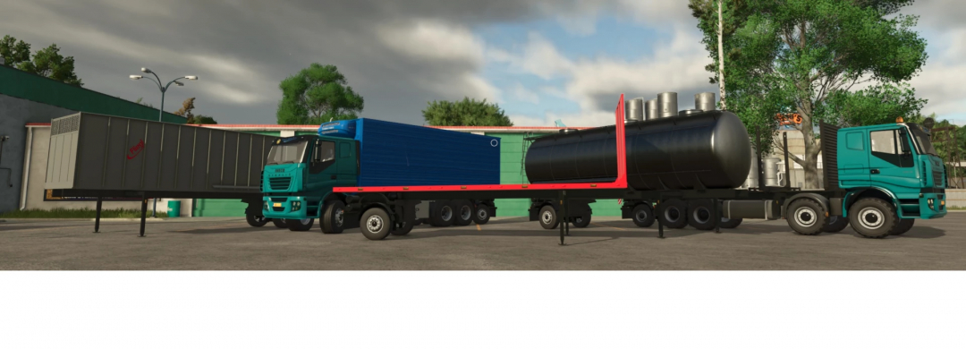 Farming Simulator 25 mod image of two trucks with tanker and cargo containers, part of the Clixtar Pack v1.0.0.0.