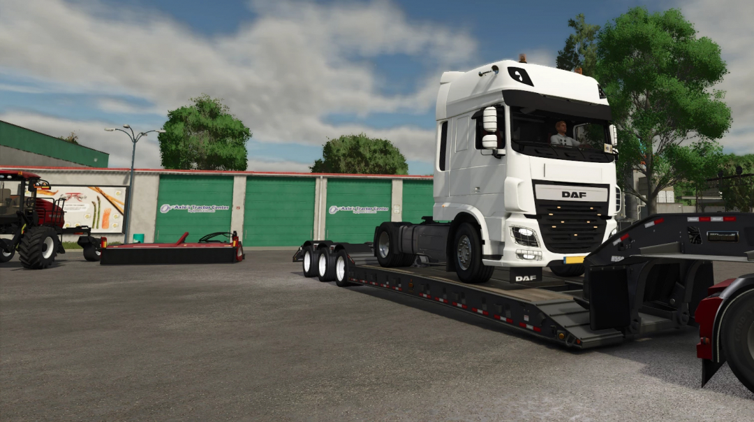 Farming Simulator 25 mod showing a white DAF XF 106 truck on a flatbed trailer, near a tractor and workshop area.