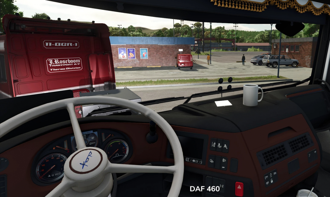 Inside view of a DAF XF 106 truck mod in Farming Simulator 25, showing the dashboard, steering wheel, and outside parking lot scene.