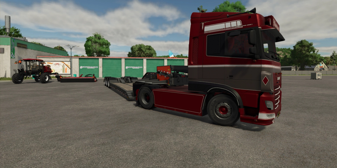 Farming Simulator 25 mods featuring a red DAF XF106 truck with a roseboom mod attached, parked in a farming yard with equipment.