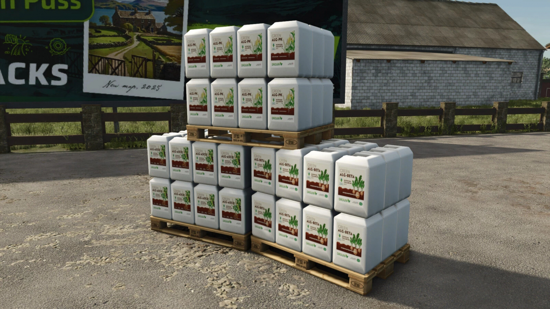 Stack of Drouin Pack fertilizers for Farming Simulator 25 mods, displayed on pallets outdoors in FS25 game.
