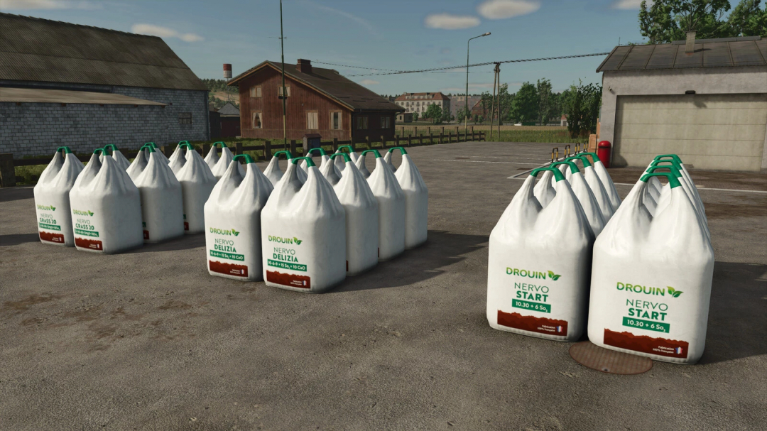 Farming Simulator 25 mods: Pack of fertilizer bags with Drouin Nervo Start labels, designed for FS25 gameplay.