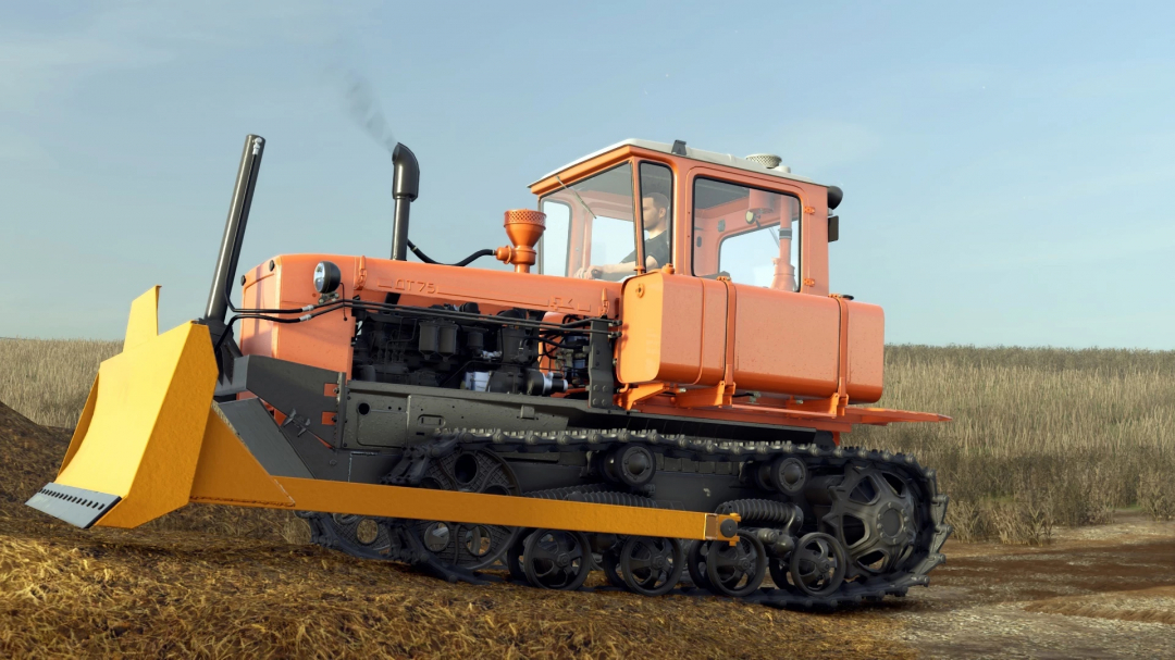 Farming Simulator 25 mod featuring the DT-75 tracked tractor with a yellow blade attachment on a farm field, realistic farming equipment for FS25.