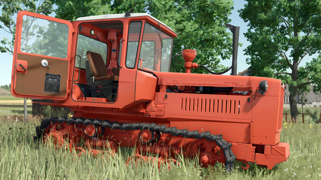 Farming Simulator 25 mod: orange tracked tractor DT-75, detailed in-game model with cabin and exhaust pipe, on grassy field.
