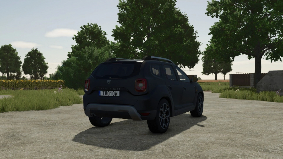 Car mod for Farming Simulator 25, Dacia Duster 2019 v1.0.0.3, shown in a rural setting with trees and grass.