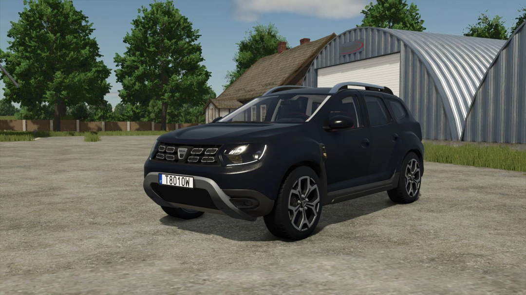 Farming Simulator 25 mod: Dacia Duster 2019 in a farm yard, realistic black SUV model from FS25 mods.