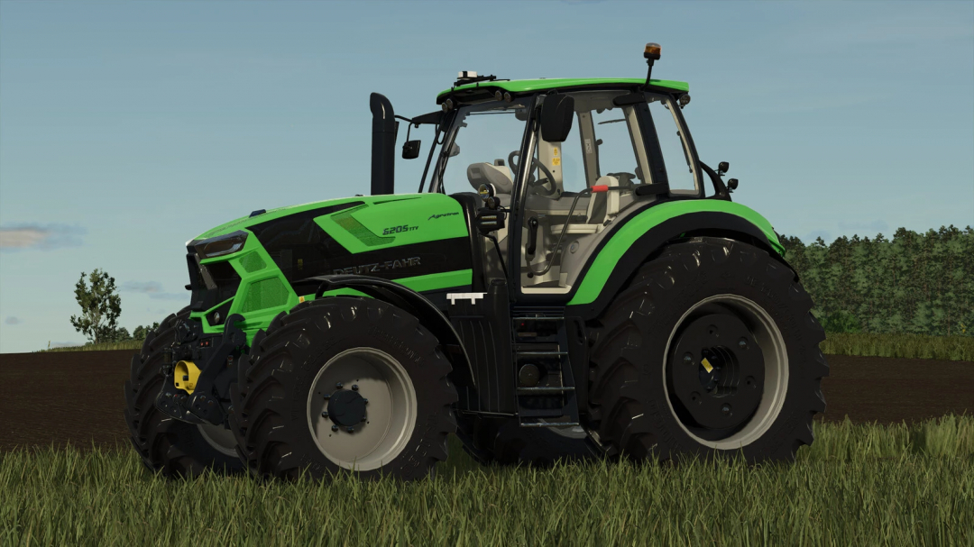 Farming Simulator 25 mod: Deutz-Fahr 6205 TTV tractor in green, with large tires, on a farm field background.