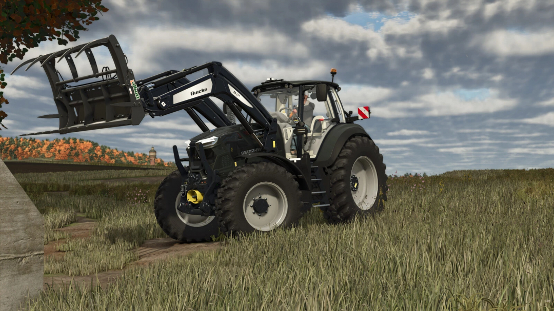 Deutz-Fahr 6215 TTV tractor with front loader, FS25 mods, Farming Simulator 25 mods, in a grassy field under a cloudy sky.