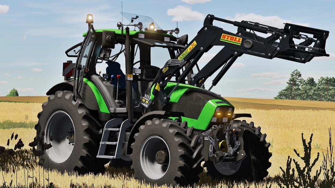 Farming Simulator 25 mods: Deutz Fahr Agrotron Series tractor with front loader attachment on a field.