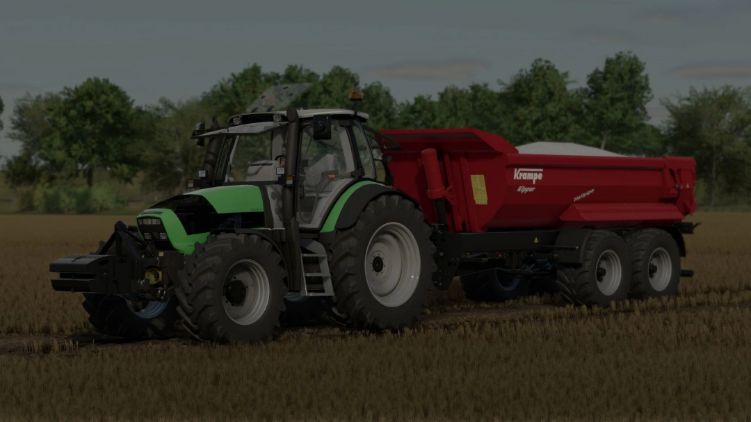 Farming Simulator 25 mod: Deutz Fahr M Series tractor with Krampe Kipper trailer in a field.