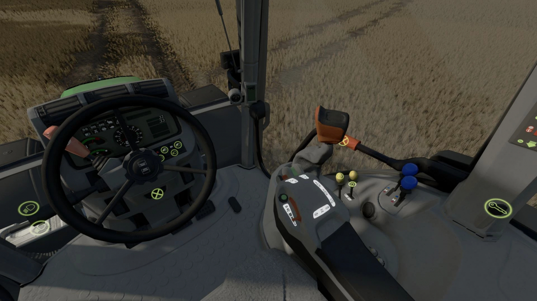 Interior of a Deutz Fahr M Series tractor in Farming Simulator 25 with various controls and a view of the field outside.