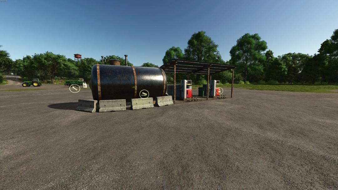 Farming Simulator 25 mod: Diesel Tank v1.0.0.1 at a fueling station with gas pumps, oil barrel, and greenery in the background.
