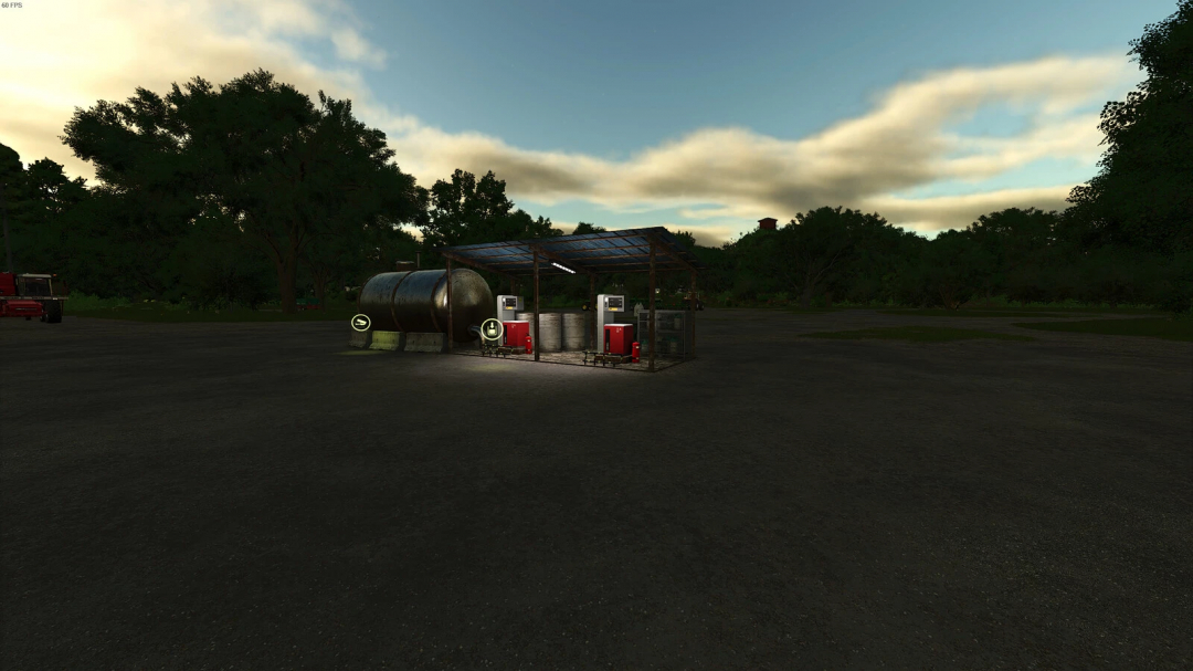 Farming Simulator 25 mod featuring a Diesel Tank v1.0.0.1 for refueling vehicles, with fuel dispensers and storage tanks.