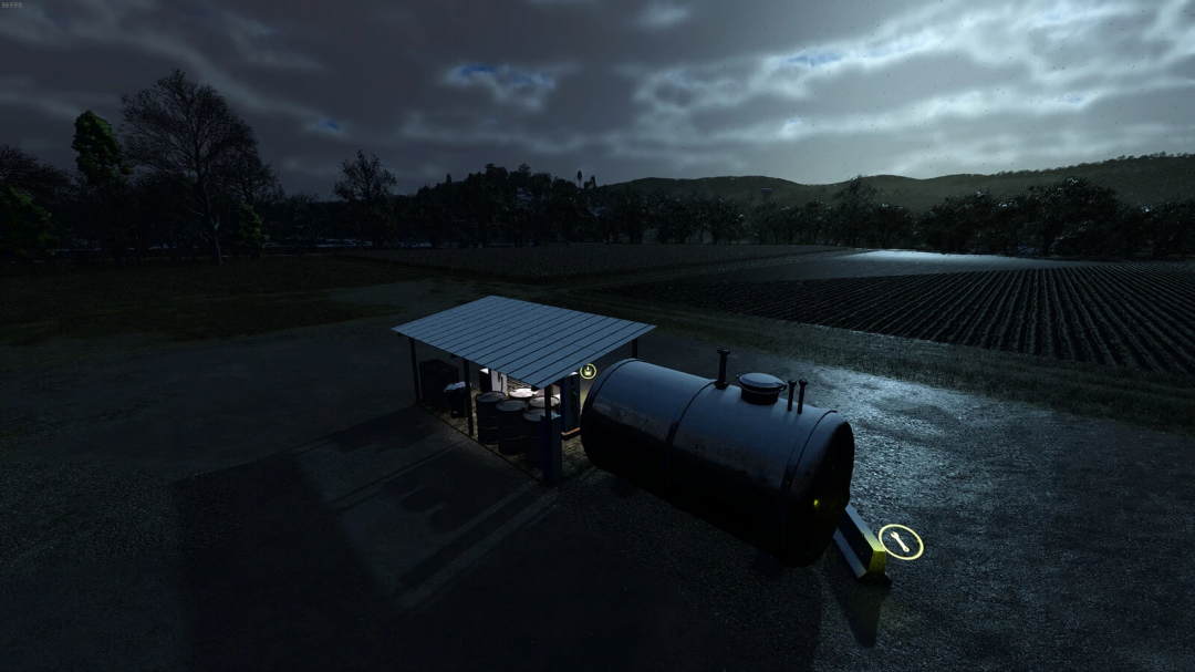 Farming Simulator 25 mod: Diesel Tank v1.0.0.1 on a farm with fields and trees in the background during dusk.