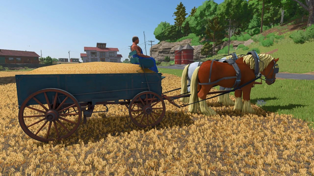 Farming Simulator 25 mod: horse-drawn wagon with a person harvesting wheat in a field, showcasing the Draft animals pack v1.0.0.0.