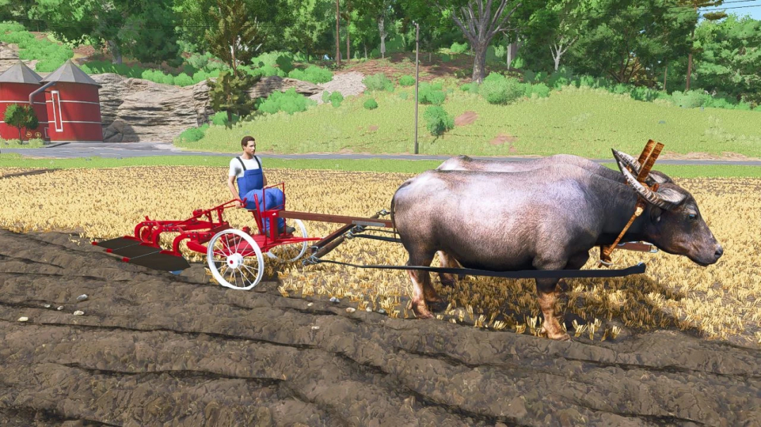 Farming Simulator 25 mod featuring draft animals pack, including a water buffalo pulling a plow in a farm field.