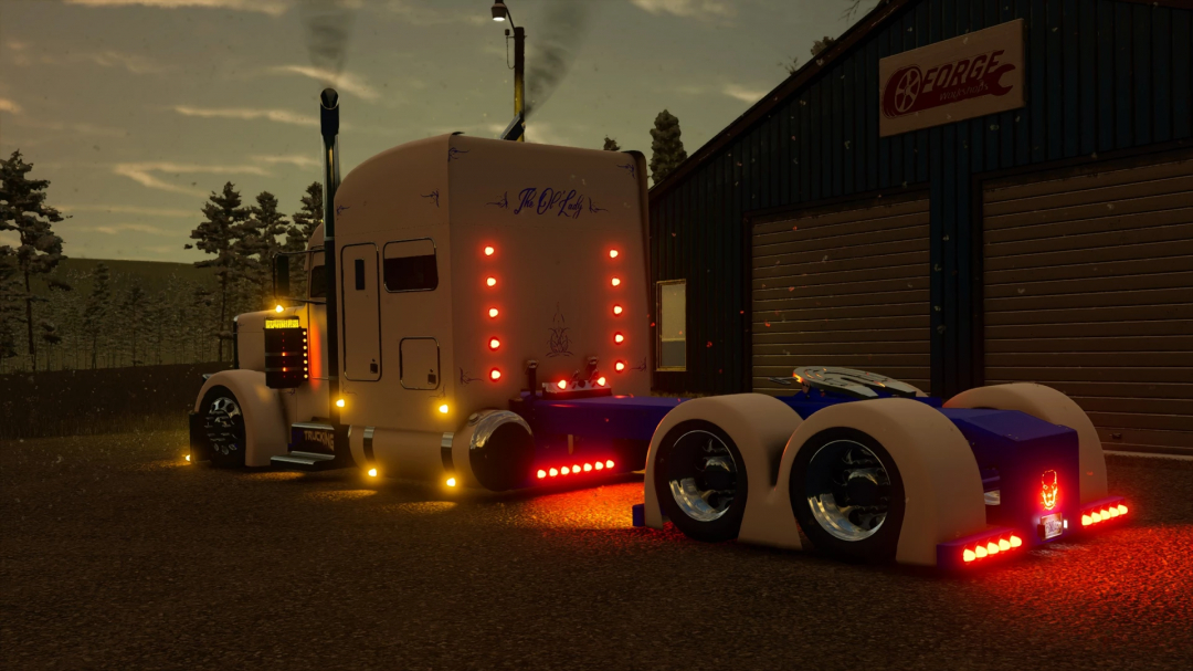 Farming Simulator 25 mod: Customized truck named 'The Old Lady' with LED taillights and detailed design, suitable for FS25 mods.