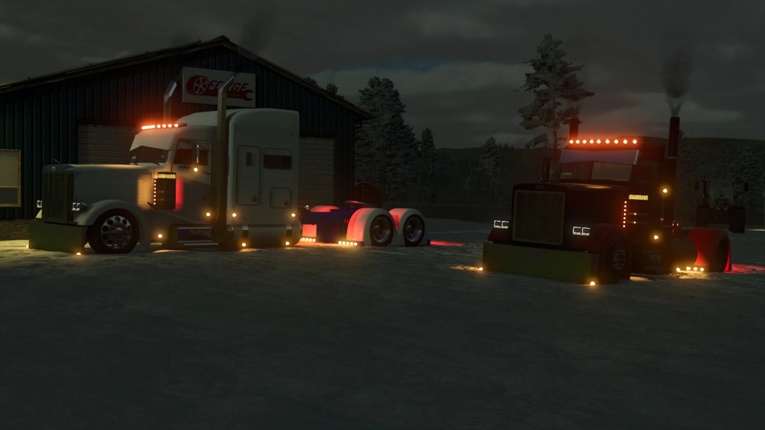 Two trucks parked at night with their lights on, near a farm building, in Farming Simulator 25 mod EXP25 Project Pete v2.0.0.0.