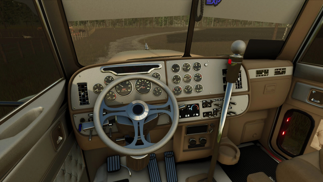 Farming Simulator 25 mod image showing the interior of a truck dashboard with gauges and steering wheel, featuring EXP25 Project Pete v2.0.0.0 mod.