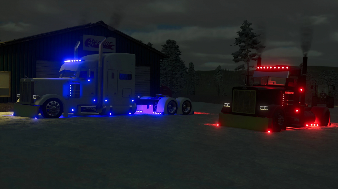 Farming Simulator 25 mods featuring two trucks equipped with blue and red lights, showcasing the EXP25 Project Pete v2.0.0.0 mod.