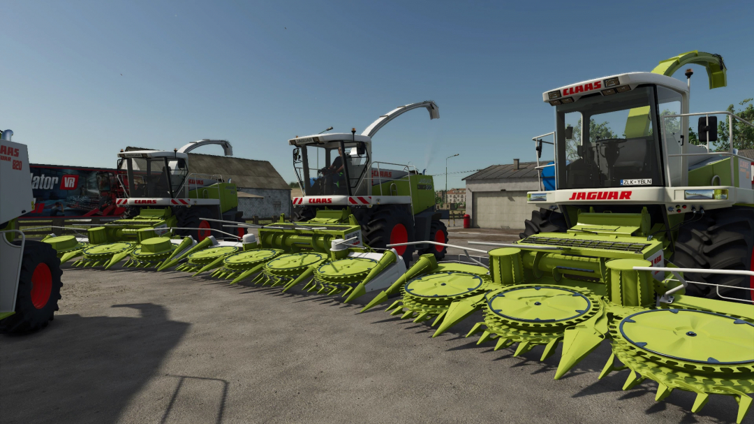 Farming Simulator 25 mods featuring Claas Jaguar 800 series harvesters with green headers, showcasing FS25 mods in a rural setting.