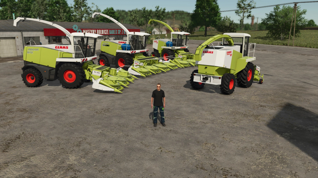 Farming Simulator 25 mods featuring a lineup of CLAAS Claas Jaguar 800 series machinery with grass cutting attachments, on a farm dirt lot.