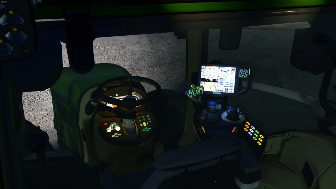 Inside the Fendt 800 S4 tractor cabin with illuminated control panels, part of Farming Simulator 25 mods.