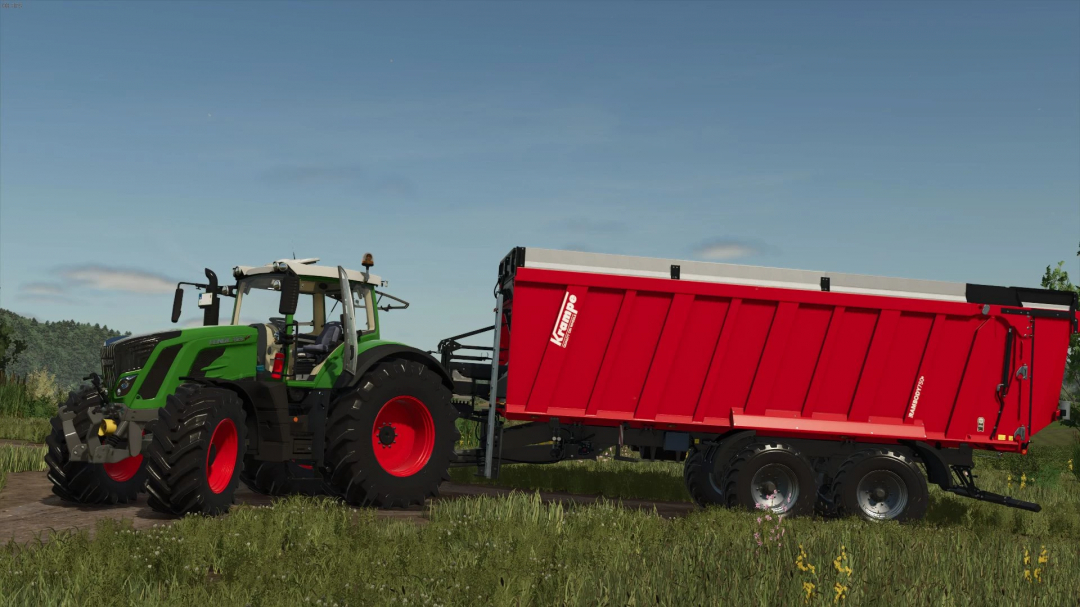 Fendt 800 S4 v1.2.1.0 tractor with red Krampe bulk trailer in Farming Simulator 25, showcasing FS25 mods.