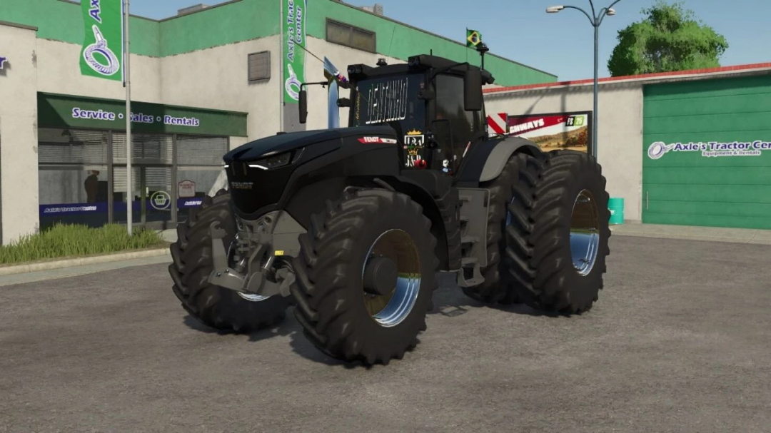 Fendt Vario 1000 Edit BR v1.0.0.0 mod for Farming Simulator 25, detailed black tractor with large tires, parked outside a repair shop.