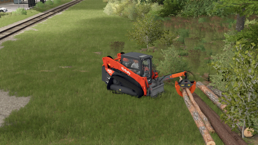 Farming Simulator 25 mod: Kubota compact loader equipped with logs, on a grassy area near trees and railway tracks.