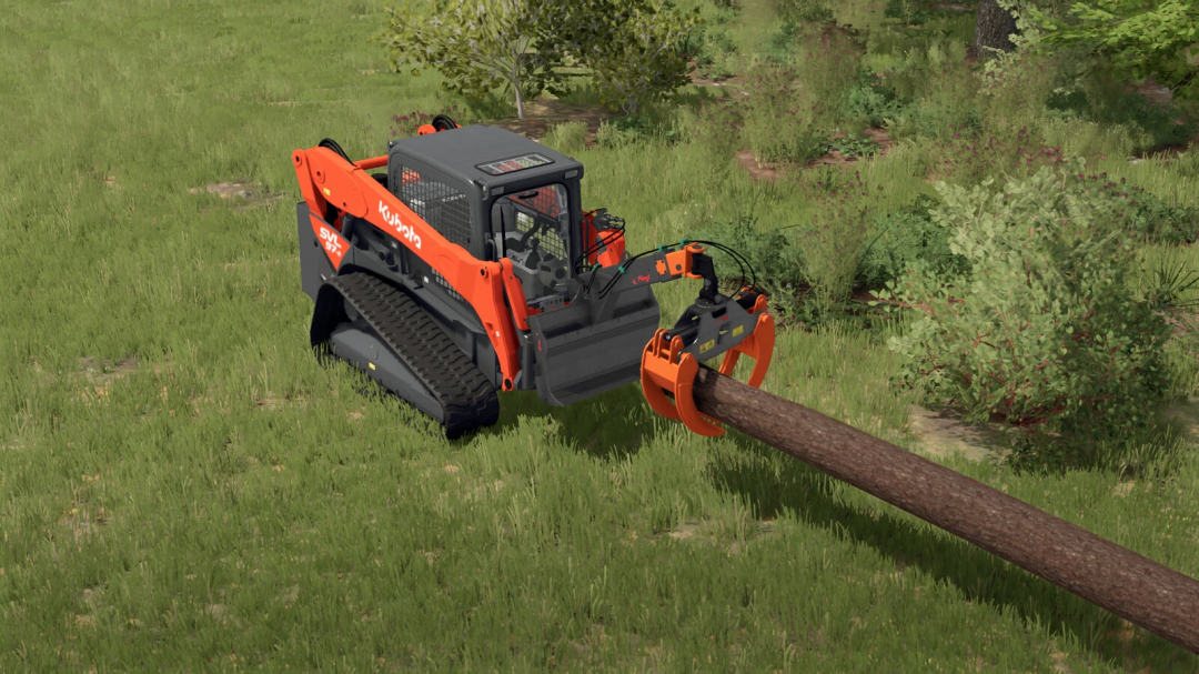 Farming Simulator 25 mod: Kubota Long Neck Combi Plus v1.0.0.0 logging equipment with a tracked loader for forestry tasks.