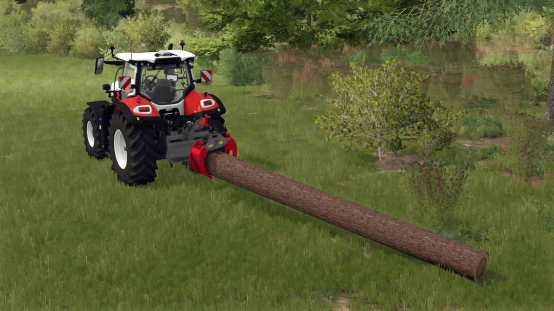 Farming Simulator 25 mod featuring a Fliegl Long Neck Combi Plus trailer attaching logs to a tractor.