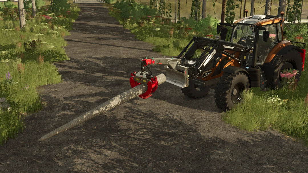 Farming Simulator 25 mod: Fliegl Long Neck Combi Plus v1.0.0.0 tractor with a forestry mulcher attachment on a dirt road.