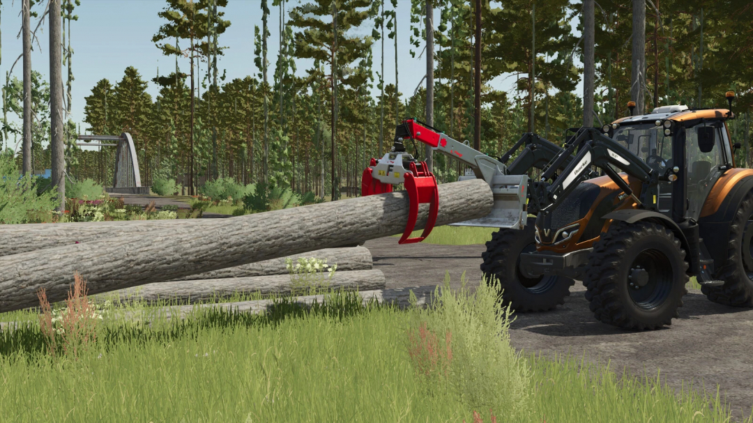Farming Simulator 25 mod showcasing a tractor with a log grapple attachment handling logs in a forest environment.