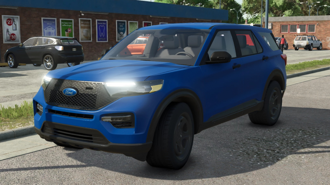 Blue Ford Explorer vehicle from Farming Simulator 25 mods, with detailed front view and illuminated headlights.