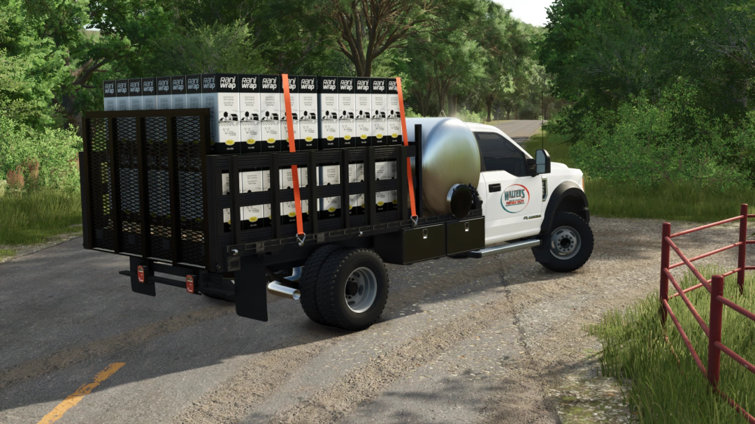 FS25 mod featuring a Ford F550 pickup truck transporting Raniwrap products in Farming Simulator 25.