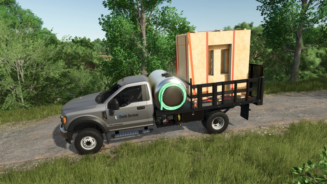 FS25 mod: Ford F550 pickup truck with hose reel and construction materials for Farming Simulator 25.