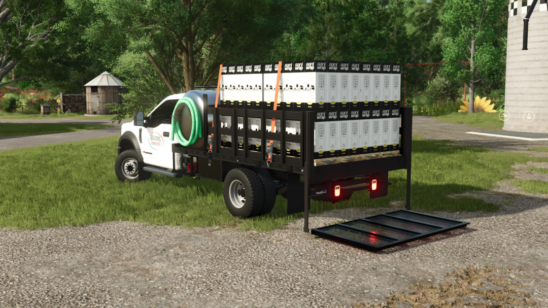 Farming Simulator 25 mod: white utility truck with Rani wrap rolls and a green hose, used in farming tasks in FS25 game.