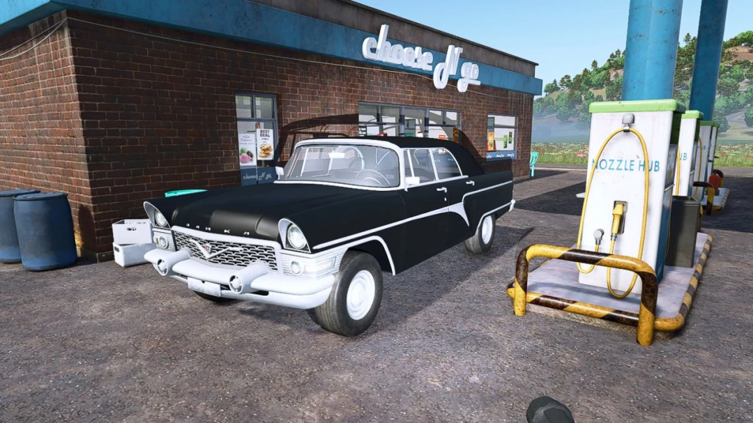 In-game image from Farming Simulator 25 showing a vintage GAZ 13 car mod parked near a brick shop and a nozzle fuel pump.