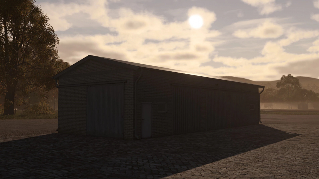 Garage 18x7 v1.0.0.1 from Farming Simulator 25 mods, shown in a realistic farming environment during sunset.