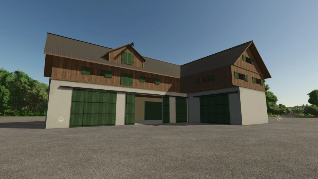 Farming Simulator 25 mod showcasing a modern German farmbuilding pack with green barn doors and wooden accents.