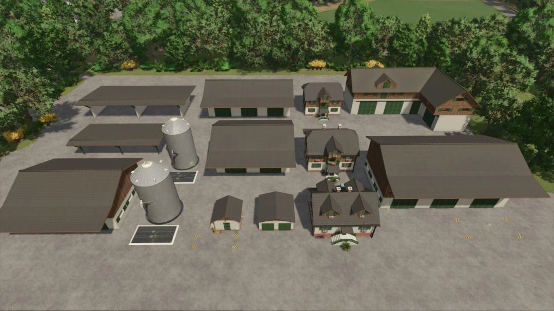 Farming Simulator 25 mod image of the German Farmbuildings Pack v1.0.0.0 with diverse farm buildings and silos.