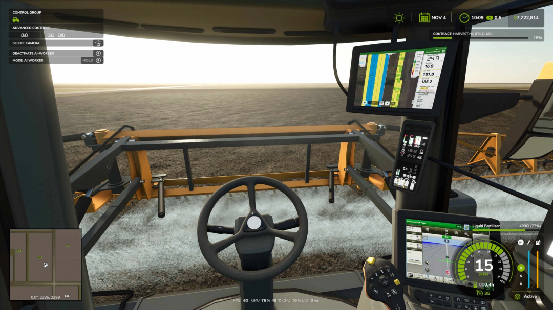 Inside view of a Farming Simulator 25 mod with a tractor's control panel, GPS screen, and spraying equipment for farming.