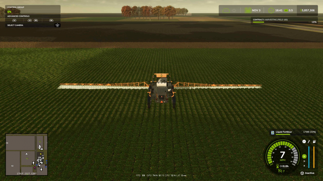 Farming Simulator 25 mod: View of a sprayer working in a field, with interface details and mini-map, featuring the Hagie Sprayer v1.0.0.0.